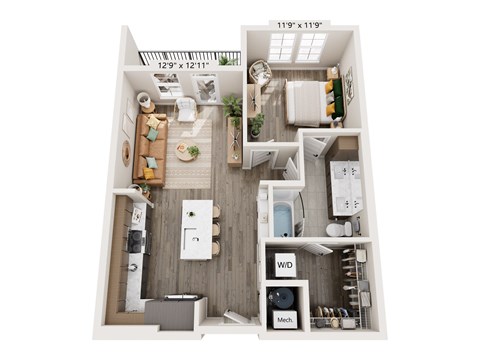 Floor plan for 1 bed, 1 bath, 748 sqft